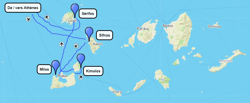 Plan du circuit de randonnée dans les Cyclades occidentales 15 jours