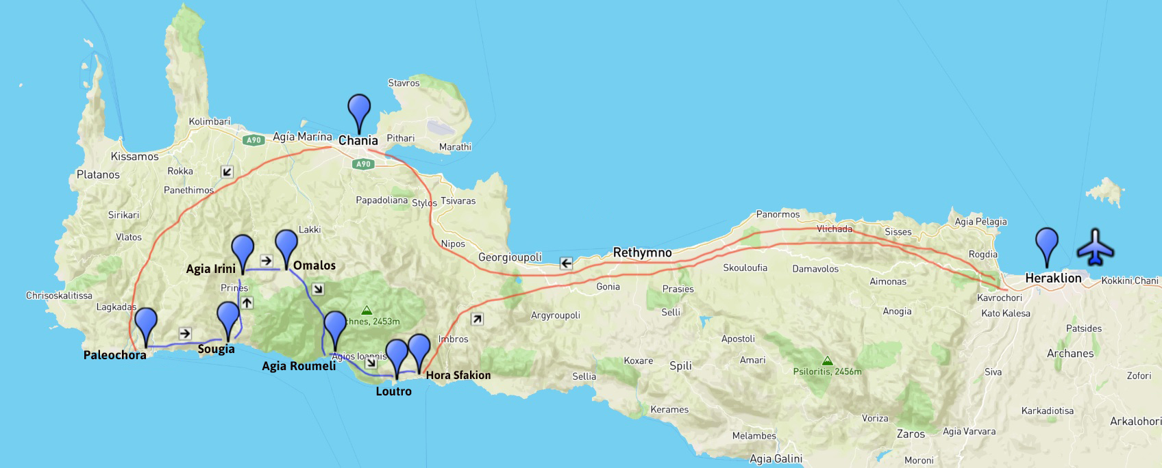Plan de déroulement du circuit de randonnée en Crète de 8 jours avec Sharing Greece