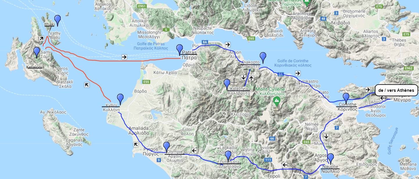 plan circuit Peloponnese Cephalonie Ithaque plan de déplacements circuit randonnée Peloponnèse Céphalonie Ithaque